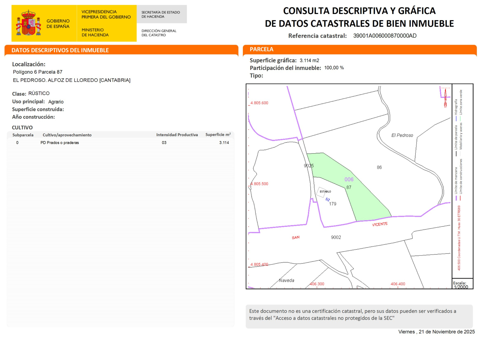 SE VENDE FINCA EN OREÑA (ALFOZ DE LLOREDO)